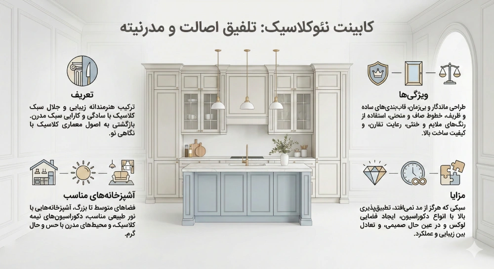 کابینت نئوکلاسیک؛ انتخابی شیک و ماندگار برای آشپزخانه شما