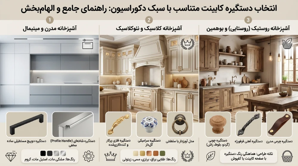 گام دوم: هماهنگی با سبک دکوراسیون؛ کدام مدل دستگیره کابینت به خانه من می&zwnj;آید؟